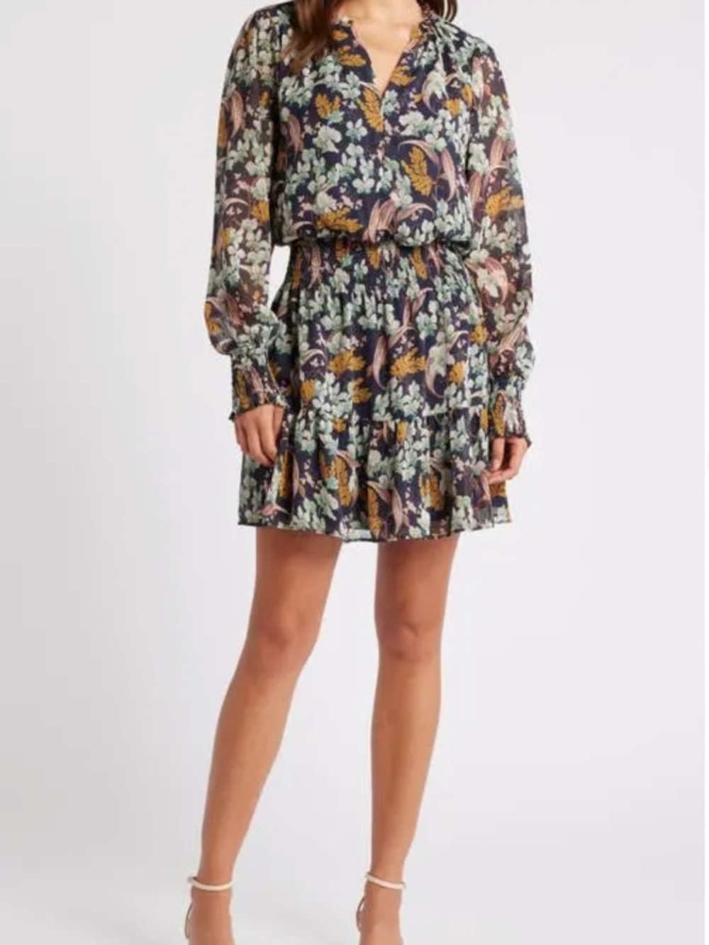 NWOT Chelsea28 Long Sleeve Chiffon Tiered Mini Dress - Navy Multi M
